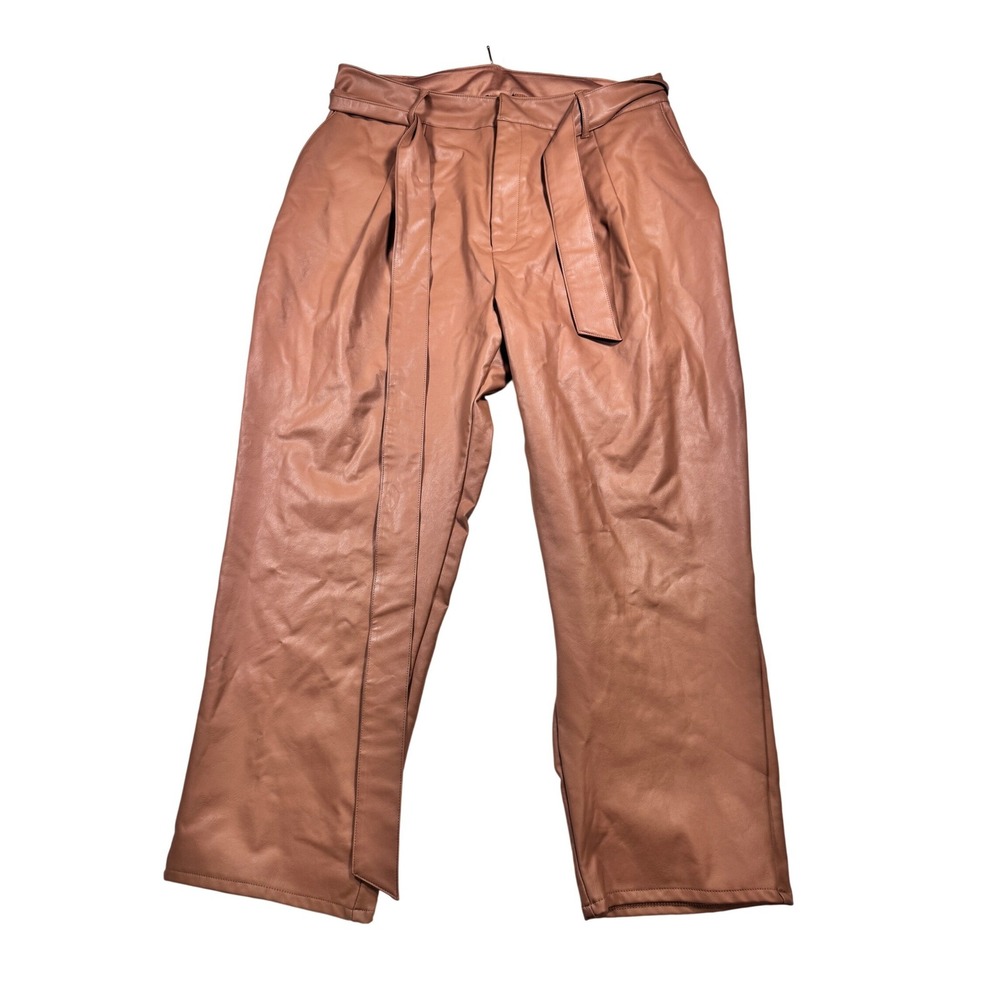 EXPRESS Faux Leather Belted Wide Leg Pants Camel‎ L High Rise Cropped NWT